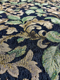 Tela Gobelino Jacquard Fondo Negro – Hojas Verdes y Doradas